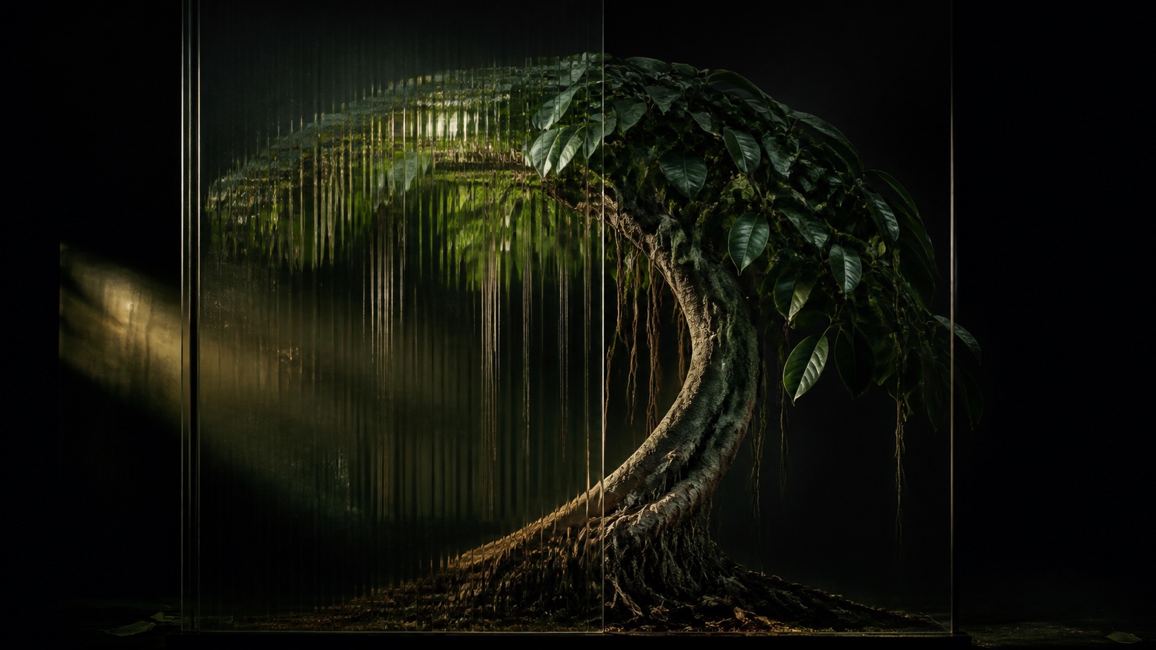 Un ficus ancien apparaît à travers plusieurs panneaux de verre optique dans une lumière sombre verte et ambrée.