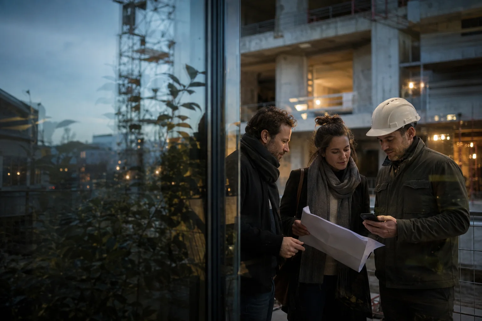 Trois futurs voisins échangent autour des plans de leur résidence en construction.